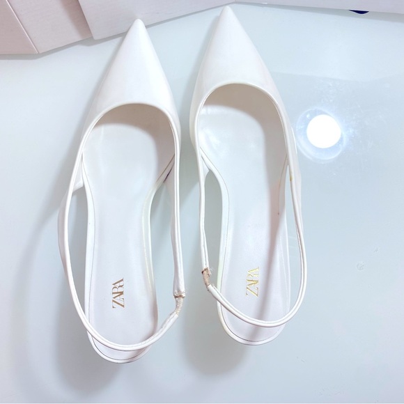 Zara White Slingback low Heels Pointed Toe Faux Patent leather EU40 US9M - Picture 3 of 11